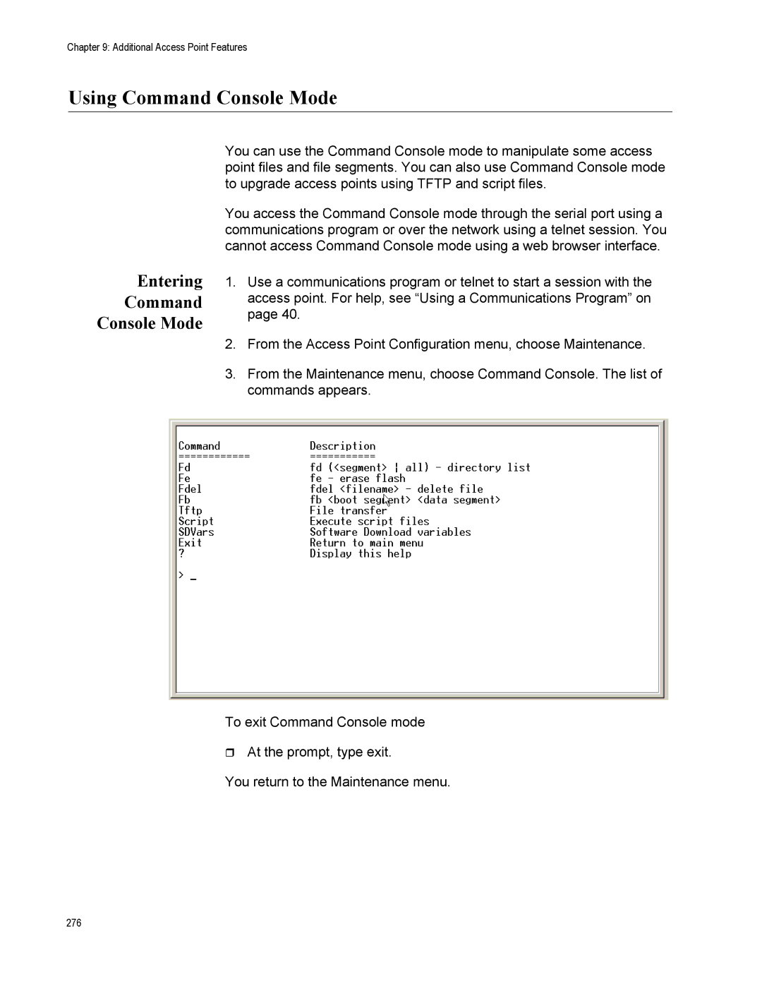 Allied Telesis AT-WA7500, AT-WA7501 manual Using Command Console Mode, Entering Command Console Mode 