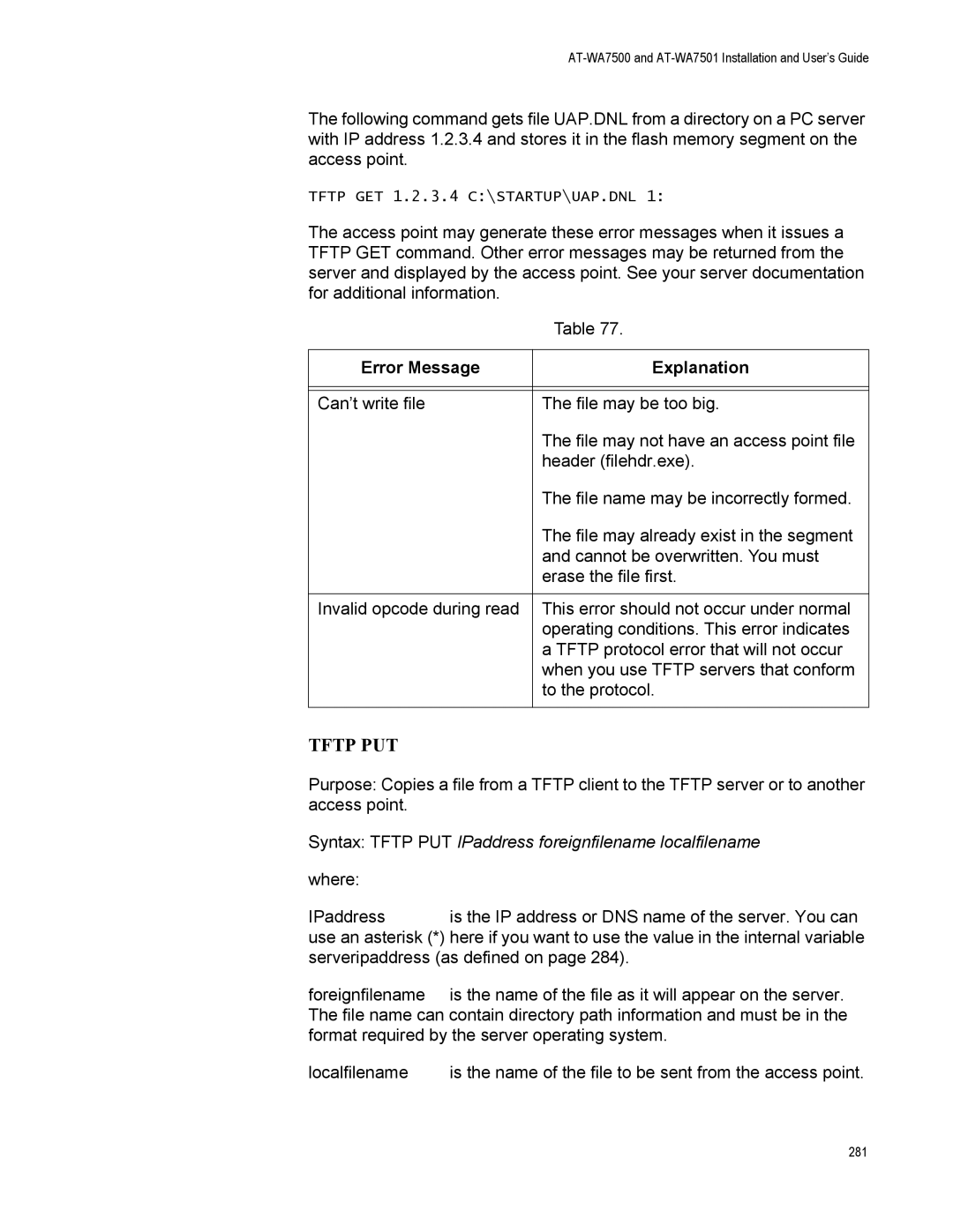 Allied Telesis AT-WA7501, AT-WA7500 manual Tftp PUT 