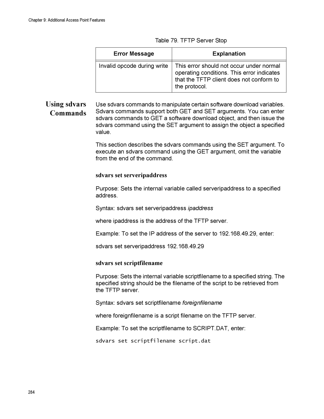 Allied Telesis AT-WA7500, AT-WA7501 manual Using sdvars Commands, Sdvars set serveripaddress, Sdvars set scriptfilename 