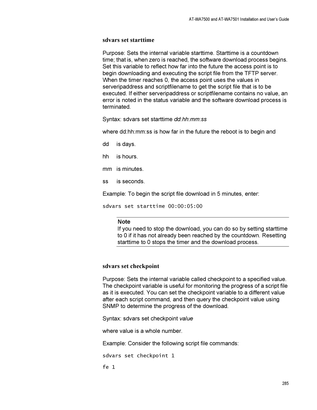 Allied Telesis AT-WA7501, AT-WA7500 manual Sdvars set starttime, Sdvars set checkpoint 