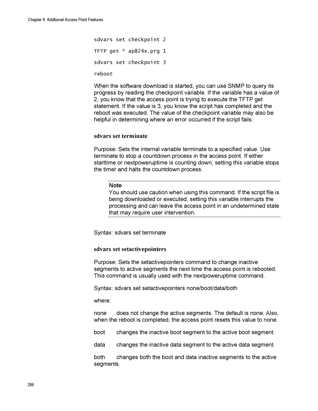 Allied Telesis AT-WA7500, AT-WA7501 manual Sdvars set terminate, Sdvars set setactivepointers 