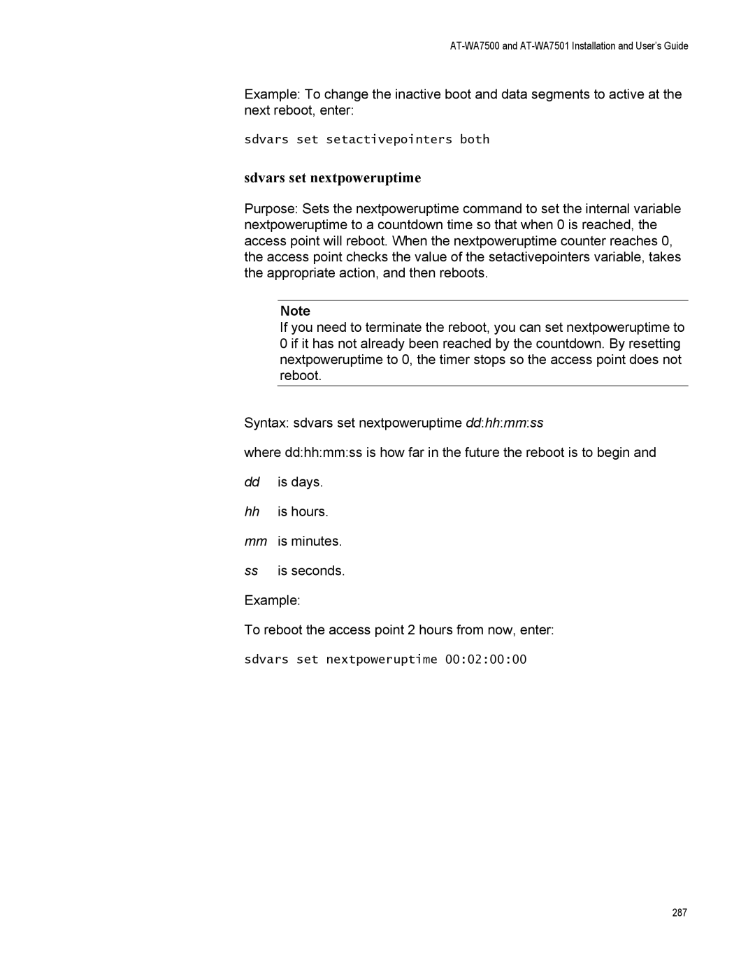 Allied Telesis AT-WA7501, AT-WA7500 manual Sdvars set nextpoweruptime 