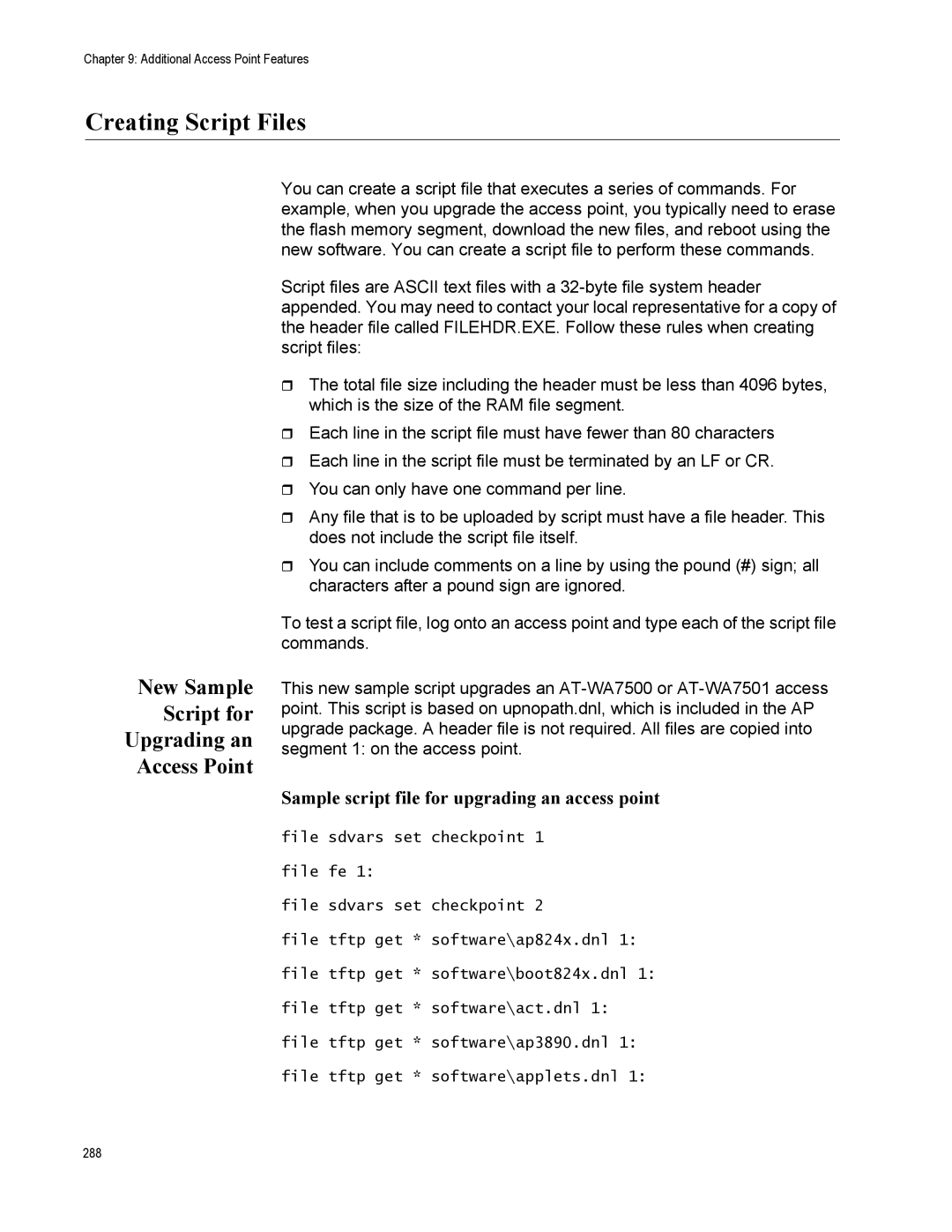 Allied Telesis AT-WA7500, AT-WA7501 manual Creating Script Files, New Sample Script for Upgrading an Access Point 