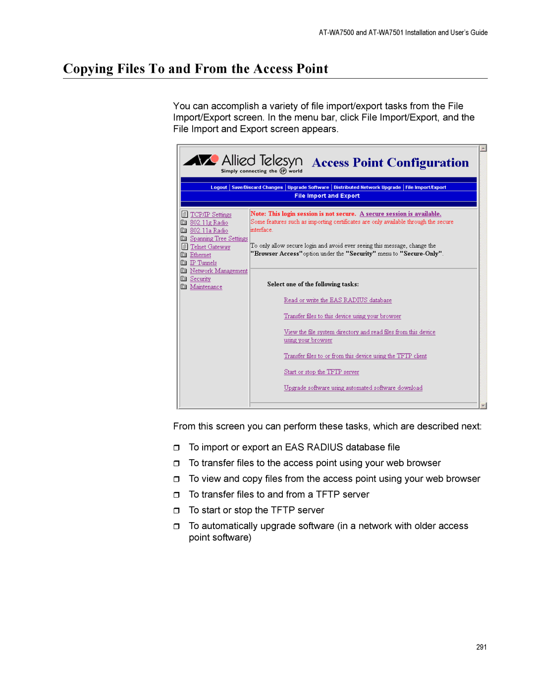 Allied Telesis AT-WA7501, AT-WA7500 manual Copying Files To and From the Access Point 