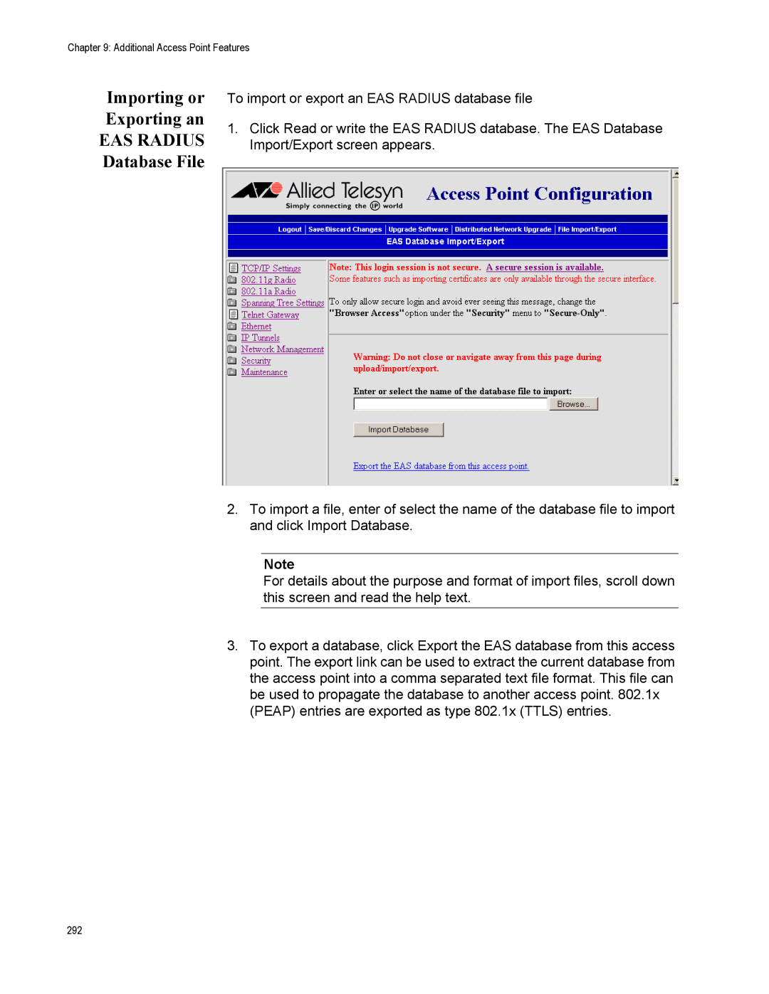 Allied Telesis AT-WA7500, AT-WA7501 manual Importing or Exporting an, EAS Radius Database File 