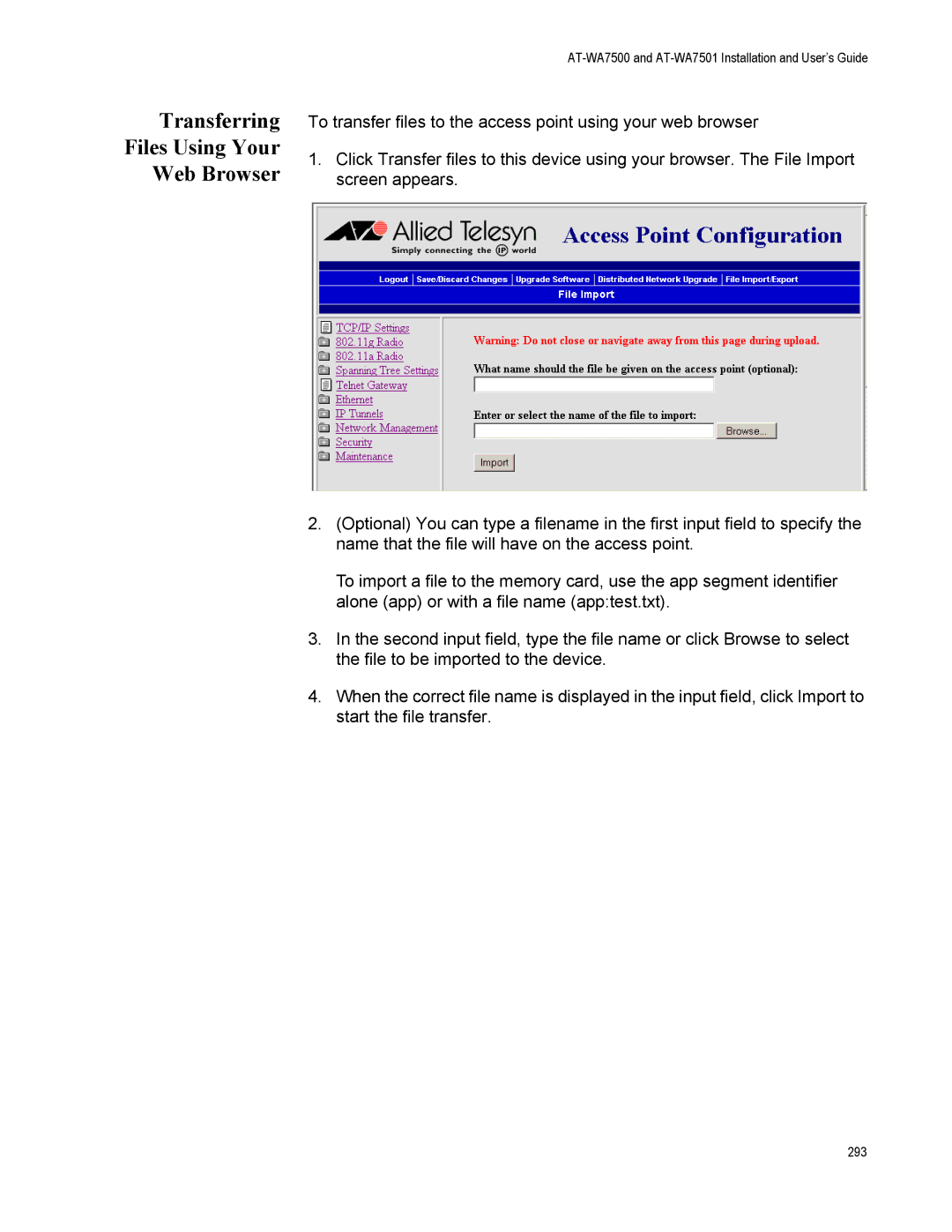 Allied Telesis AT-WA7501, AT-WA7500 manual Transferring Files Using Your Web Browser 