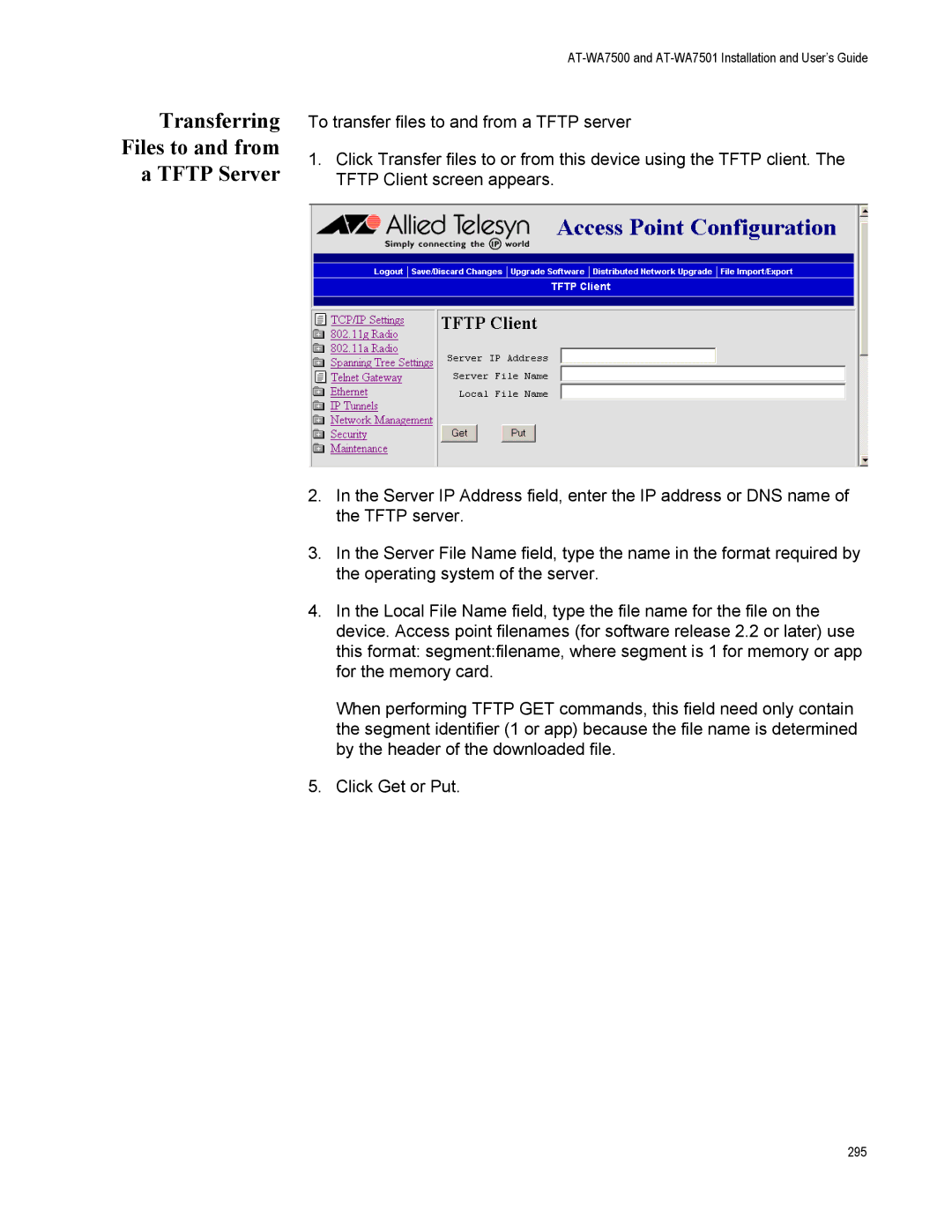 Allied Telesis AT-WA7501, AT-WA7500 manual Transferring Files to and from a Tftp Server 