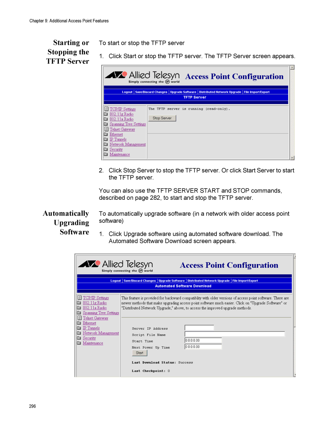 Allied Telesis AT-WA7500, AT-WA7501 manual Automatically Upgrading Software, Starting or Stopping the Tftp Server 