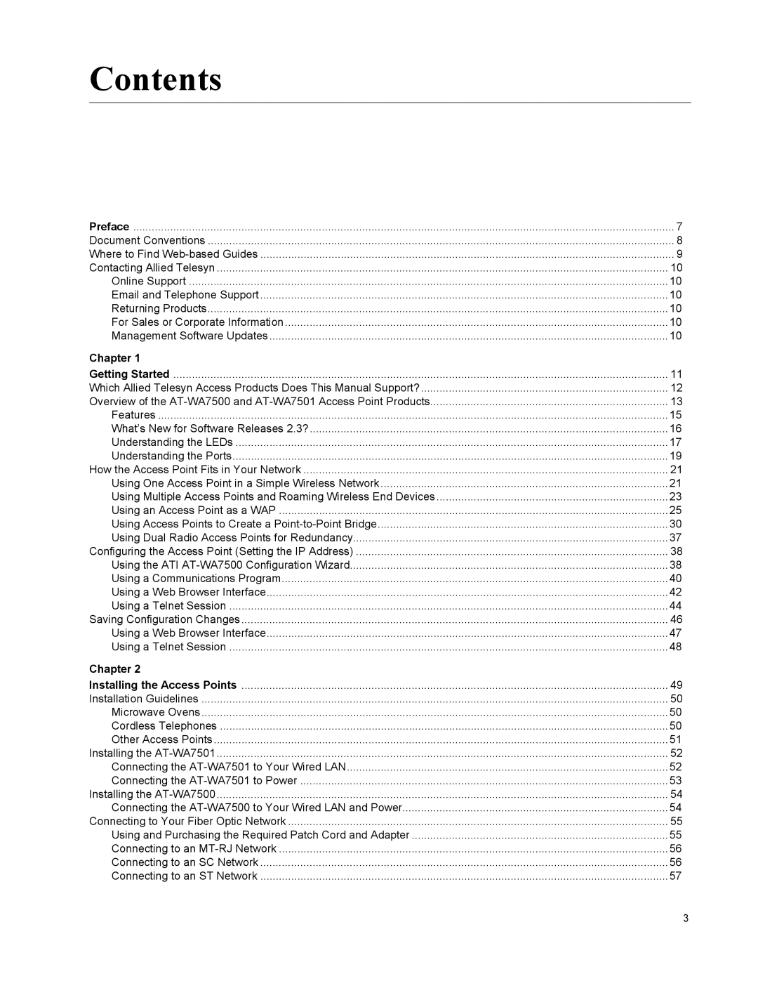 Allied Telesis AT-WA7501, AT-WA7500 manual Contents 