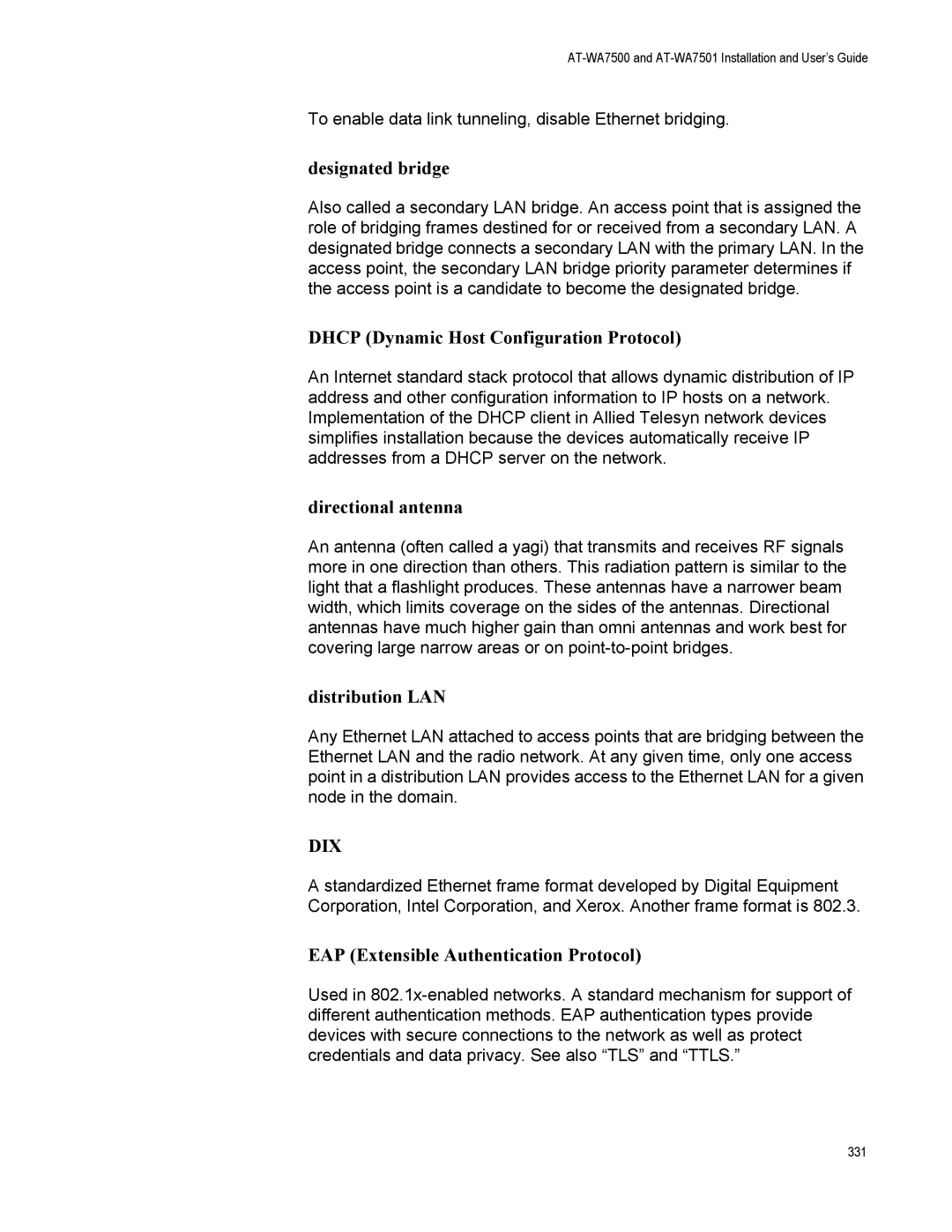 Allied Telesis AT-WA7501, AT-WA7500 manual Designated bridge, Dhcp Dynamic Host Configuration Protocol, Directional antenna 