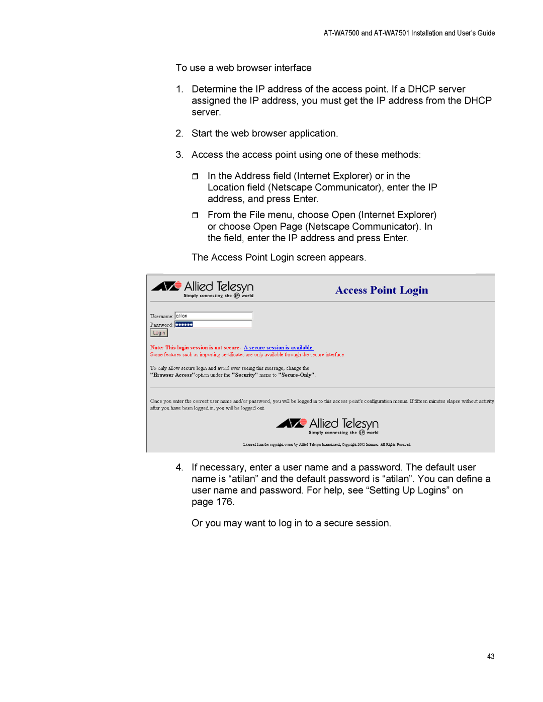 Allied Telesis manual AT-WA7500 and AT-WA7501 Installation and User’s Guide 