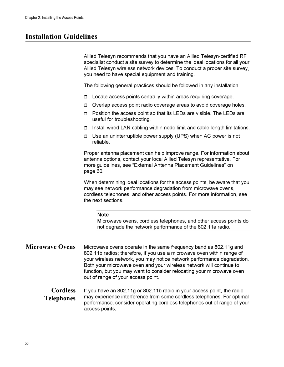 Allied Telesis AT-WA7500, AT-WA7501 manual Installation Guidelines, Microwave Ovens Cordless Telephones 