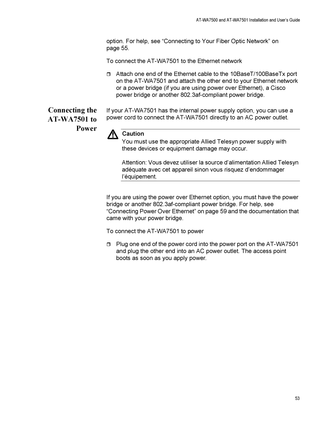 Allied Telesis AT-WA7500 manual Connecting the AT-WA7501 to Power 