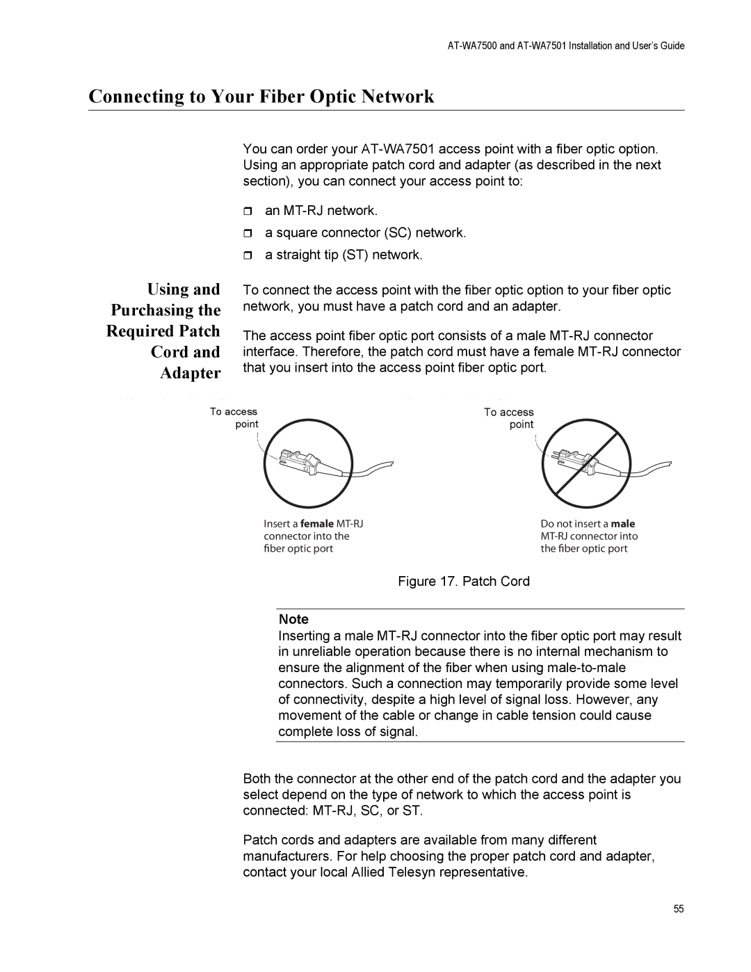 Allied Telesis AT-WA7501, AT-WA7500 Connecting to Your Fiber Optic Network, Using Purchasing Required Patch Cord Adapter 