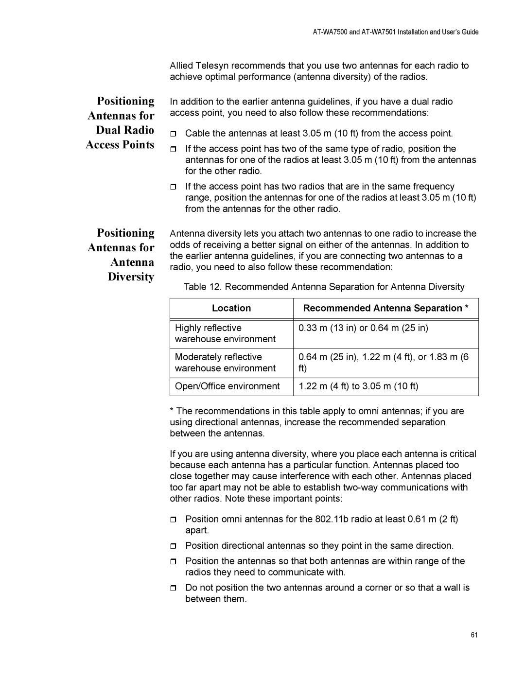 Allied Telesis AT-WA7501 Positioning Antennas for Antenna Diversity, Positioning Antennas for Dual Radio Access Points 