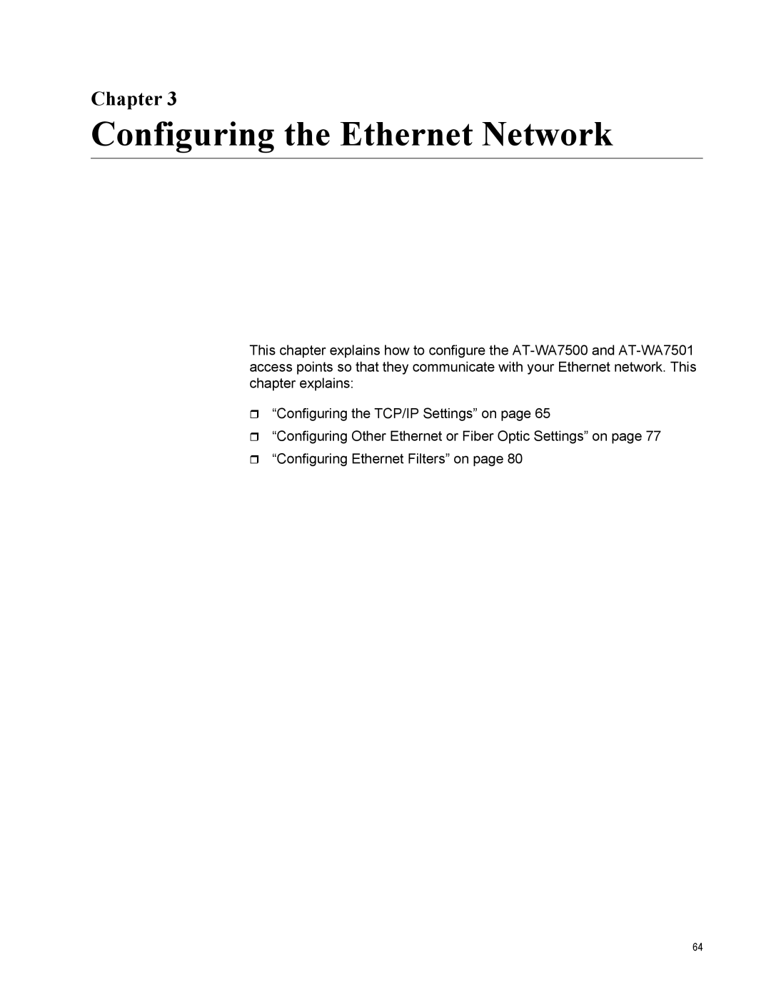 Allied Telesis AT-WA7500, AT-WA7501 manual Configuring the Ethernet Network 