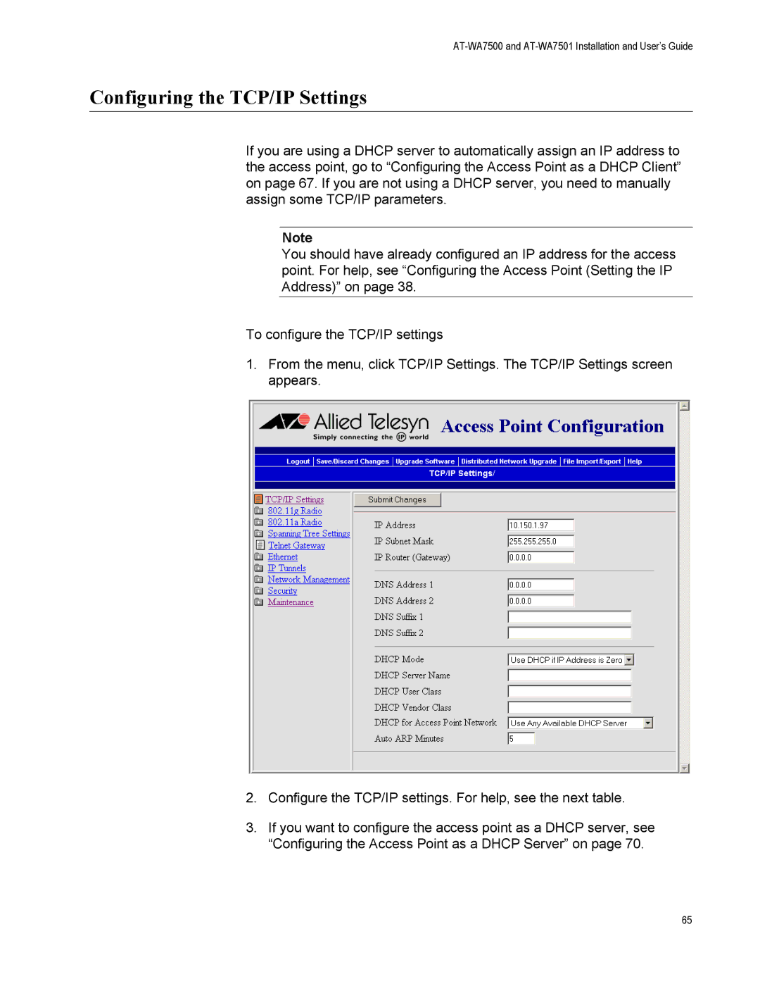 Allied Telesis AT-WA7501, AT-WA7500 manual Configuring the TCP/IP Settings 