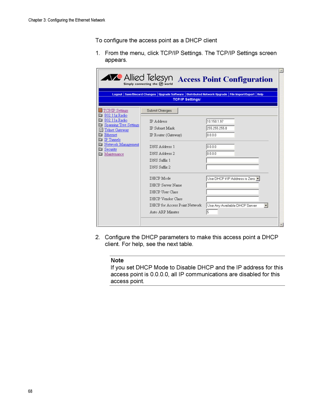 Allied Telesis AT-WA7500, AT-WA7501 manual Configuring the Ethernet Network 