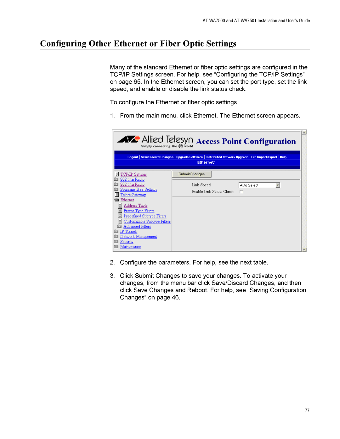 Allied Telesis AT-WA7501, AT-WA7500 manual Configuring Other Ethernet or Fiber Optic Settings 