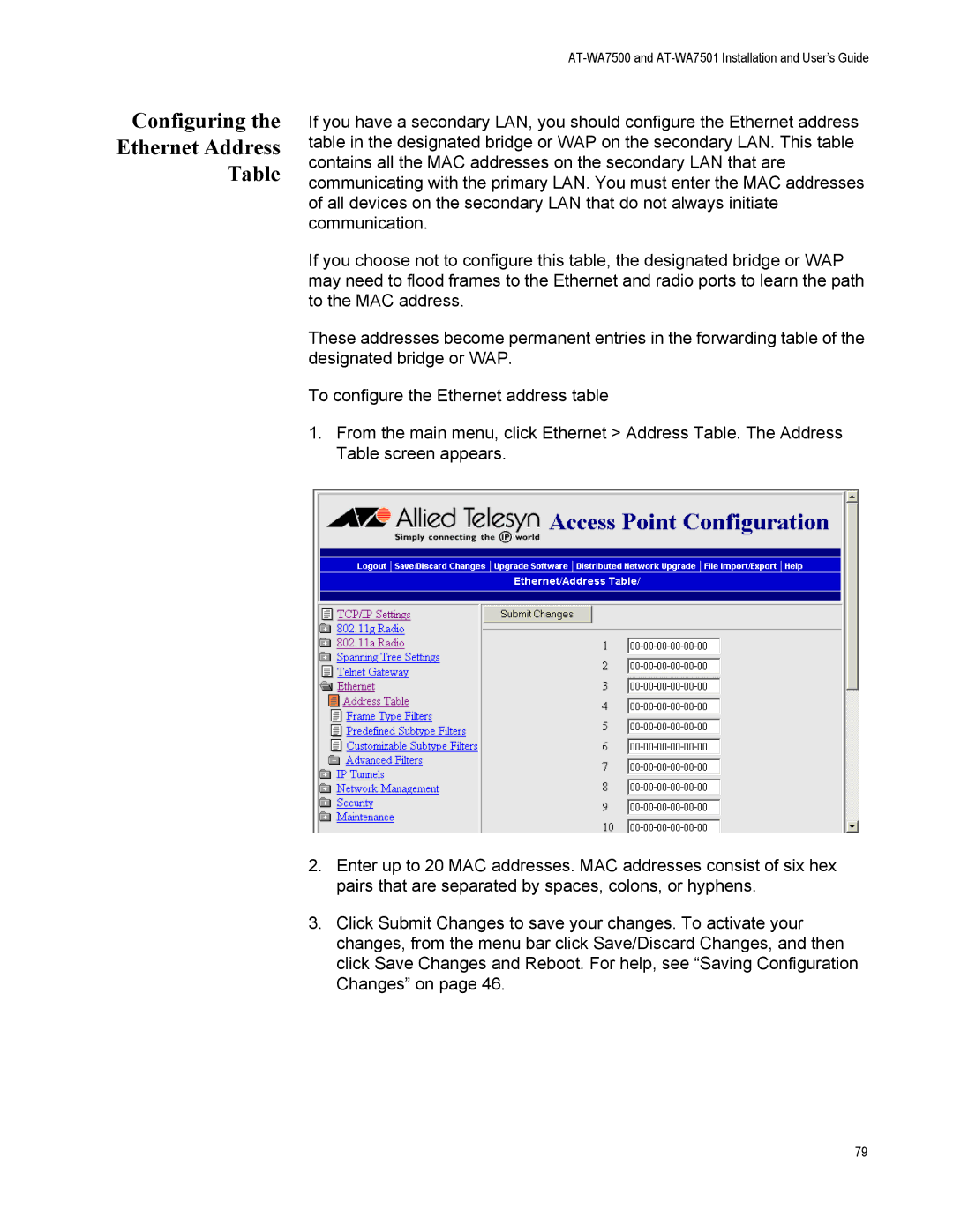 Allied Telesis AT-WA7501, AT-WA7500 manual Configuring Ethernet Address 