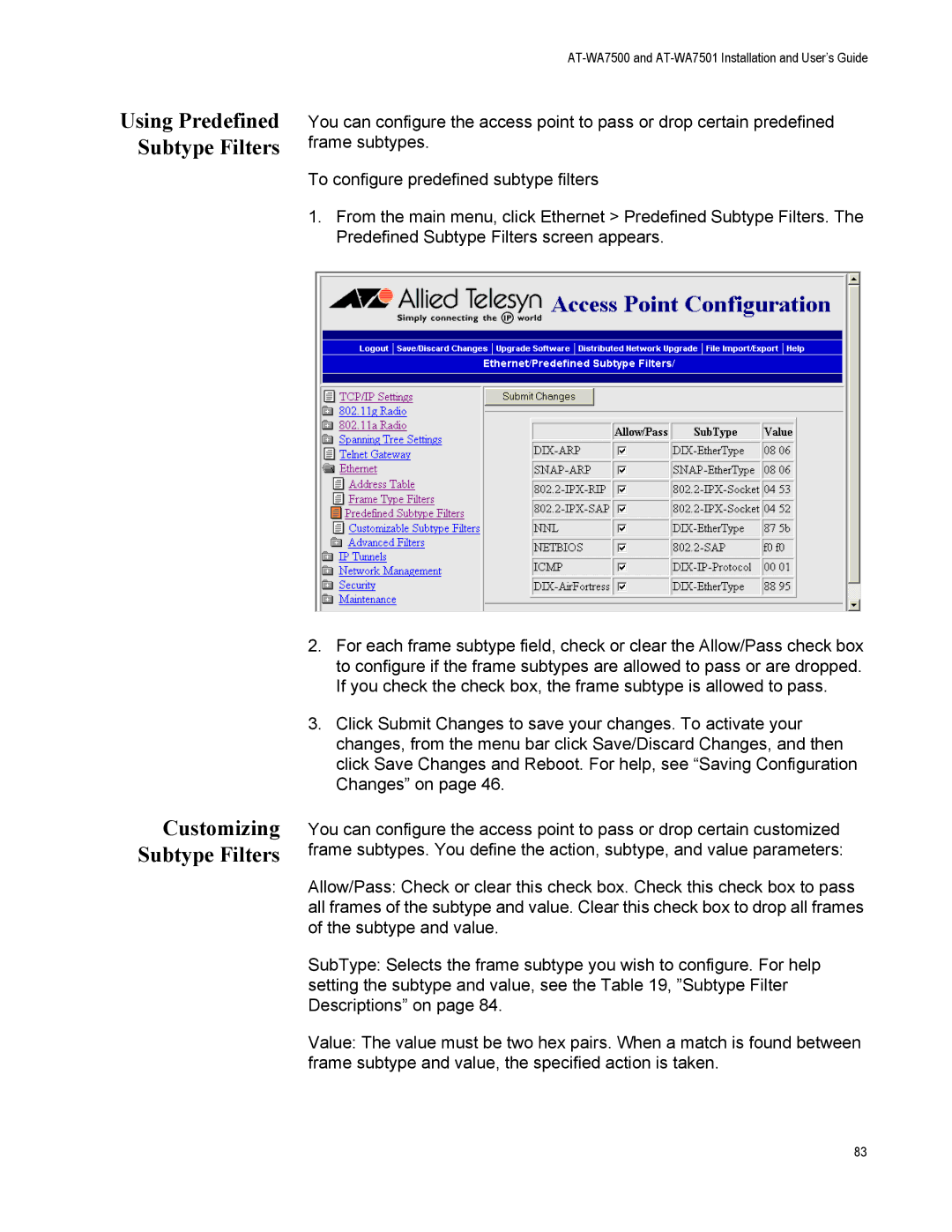 Allied Telesis AT-WA7501, AT-WA7500 manual Using Predefined Subtype Filters Customizing Subtype Filters 