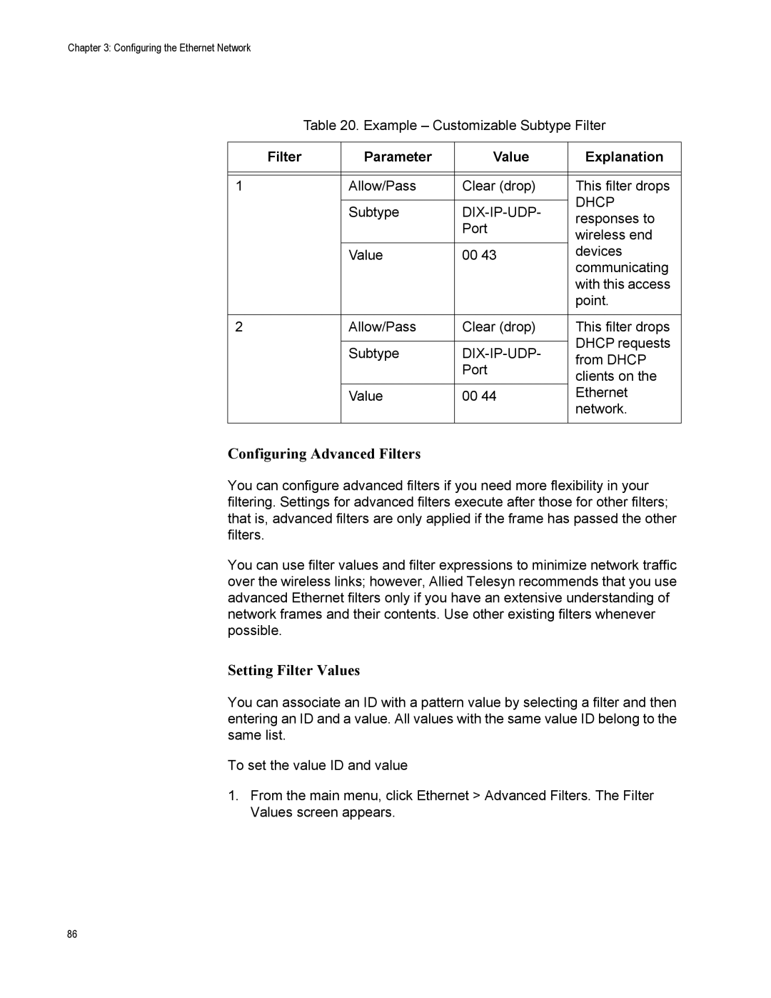 Allied Telesis AT-WA7500 Configuring Advanced Filters, Setting Filter Values, Filter Parameter Value Explanation, Dhcp 