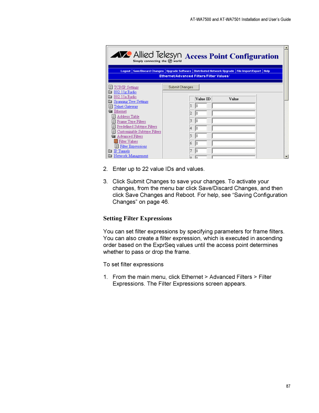 Allied Telesis AT-WA7501, AT-WA7500 manual Setting Filter Expressions 