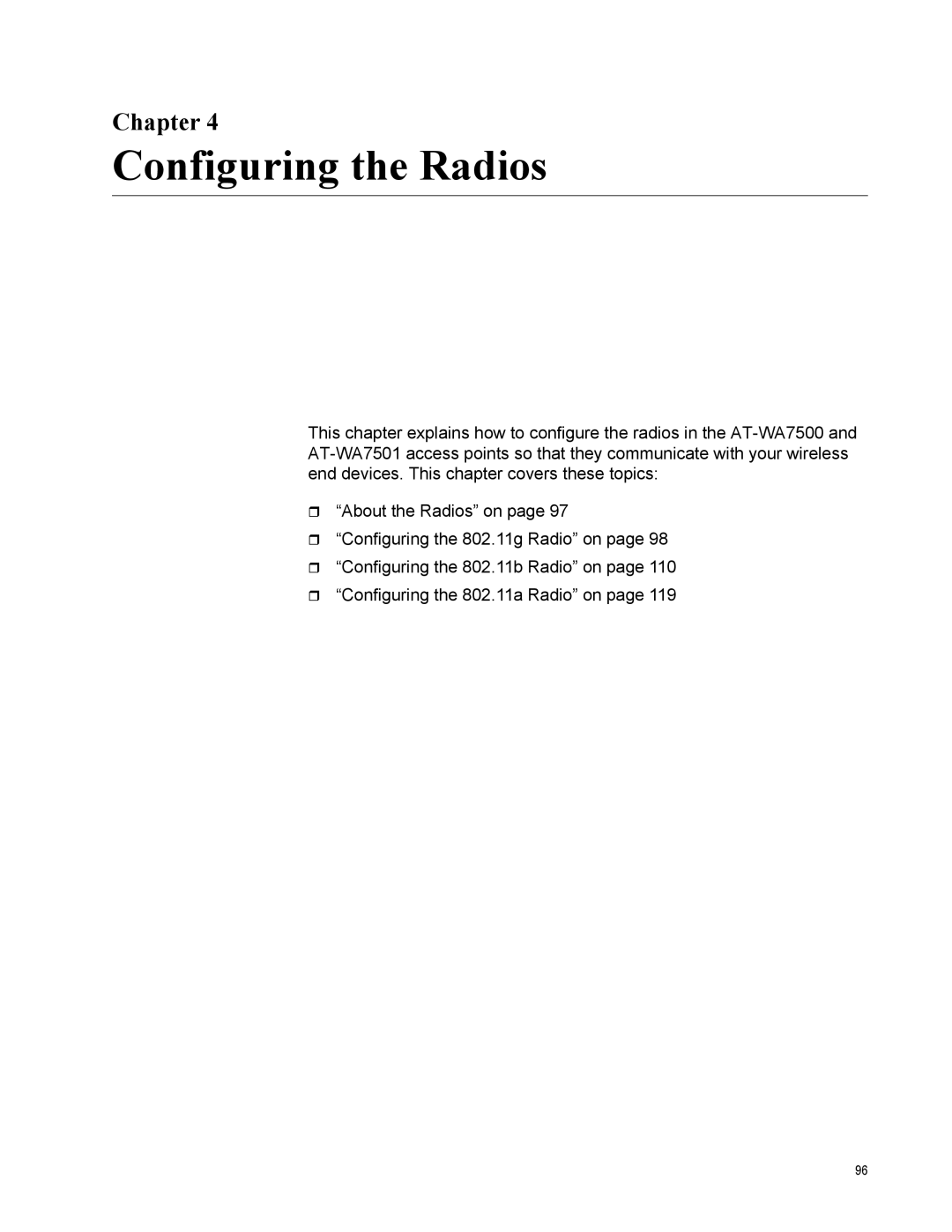 Allied Telesis AT-WA7500, AT-WA7501 manual Configuring the Radios 