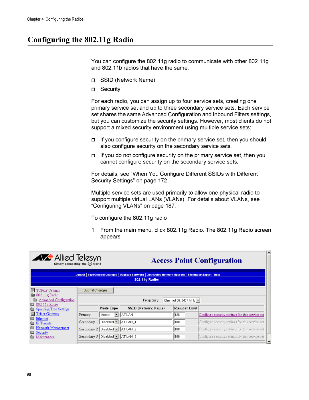 Allied Telesis AT-WA7500, AT-WA7501 manual Configuring the 802.11g Radio 