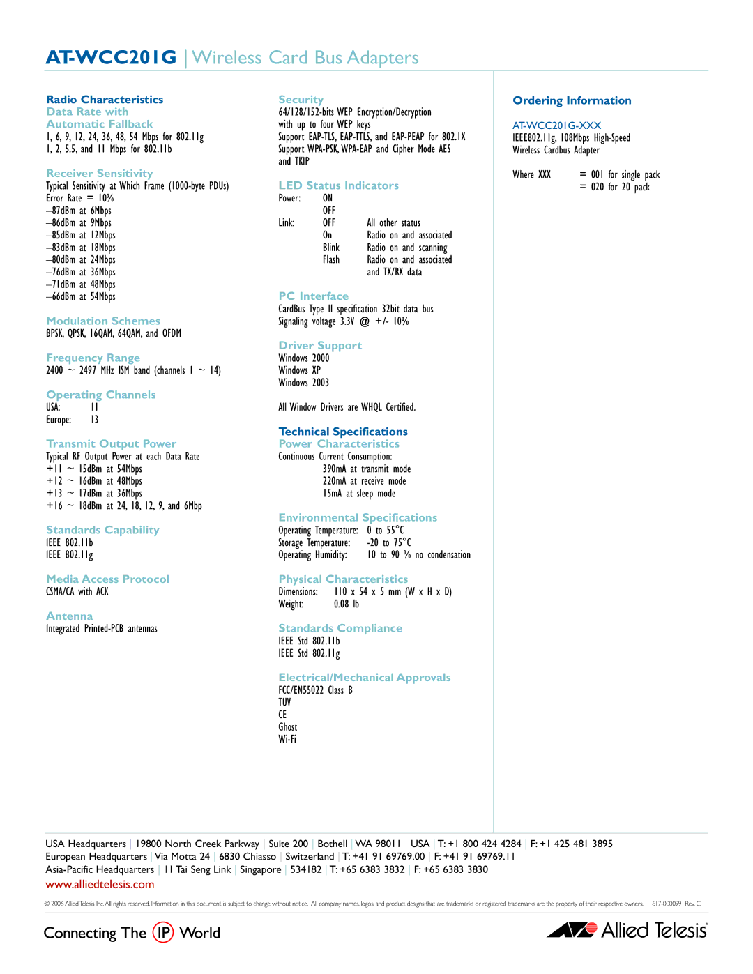 Allied Telesis AT-WCC201 Series manual AT-WCC201G Wireless Card Bus Adapters 