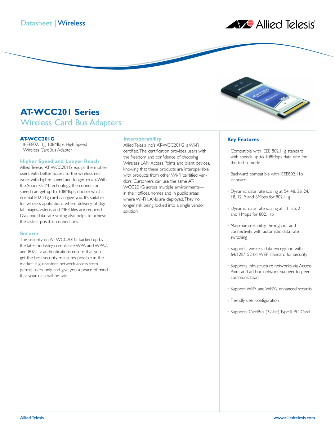 Allied Telesis AT-WCC201 Series manual Wireless Card Bus Adapters, AT-WCC201G, Key Features, Datasheet Wireless 