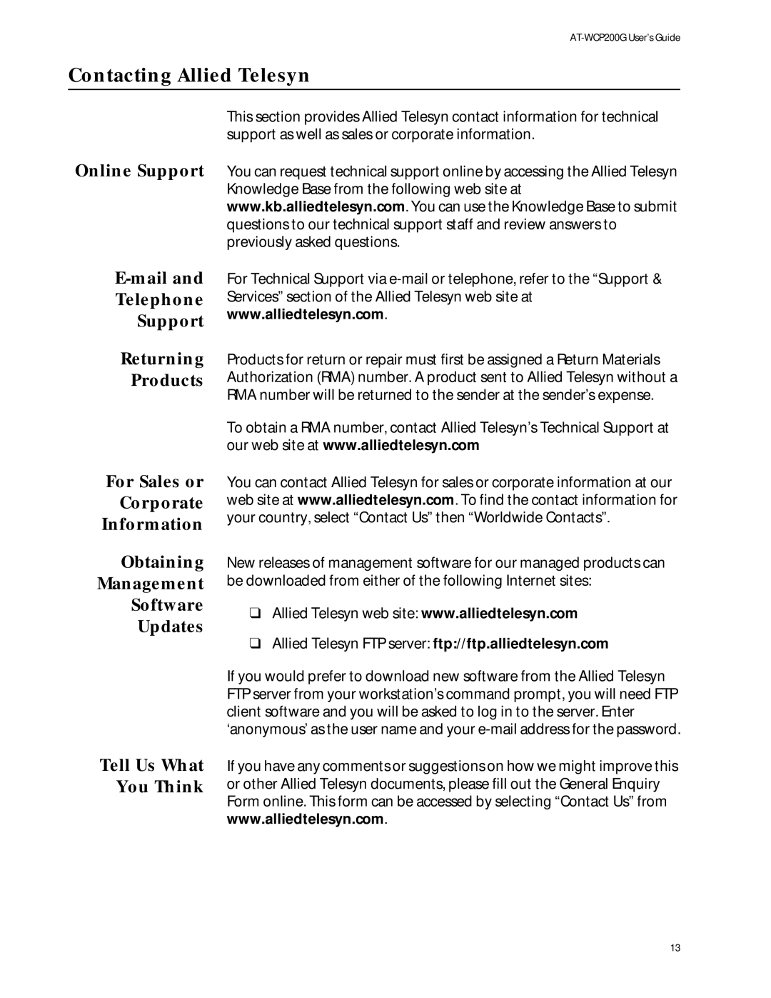 Allied Telesis AT-WCP200G manual Contacting Allied Telesyn 