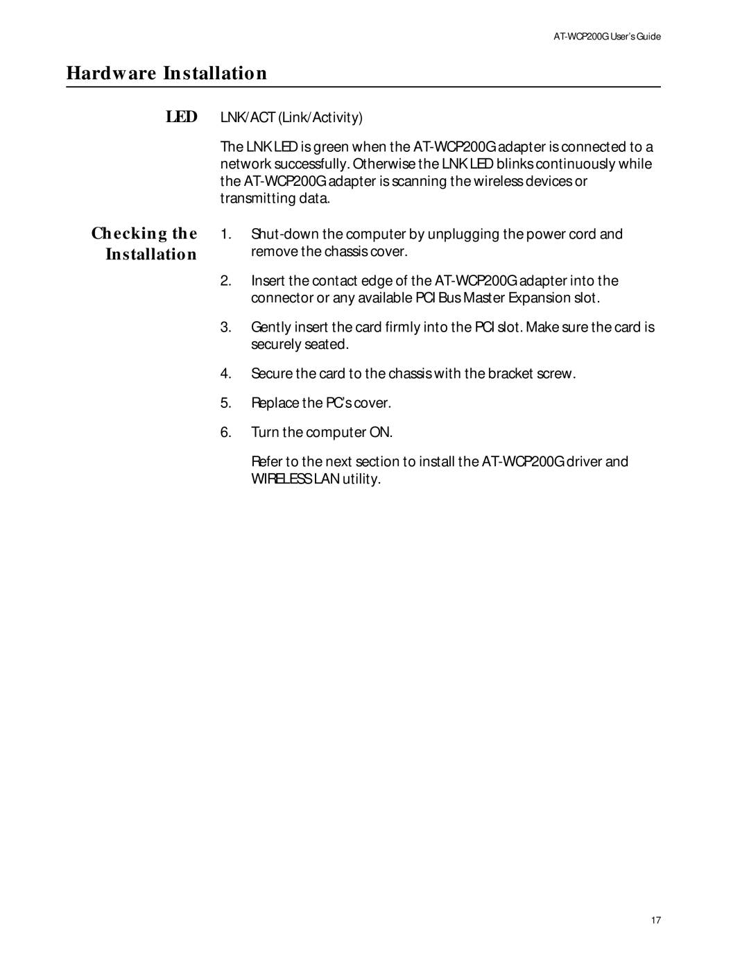 Allied Telesis AT-WCP200G manual Hardware Installation, Checking the Installation 