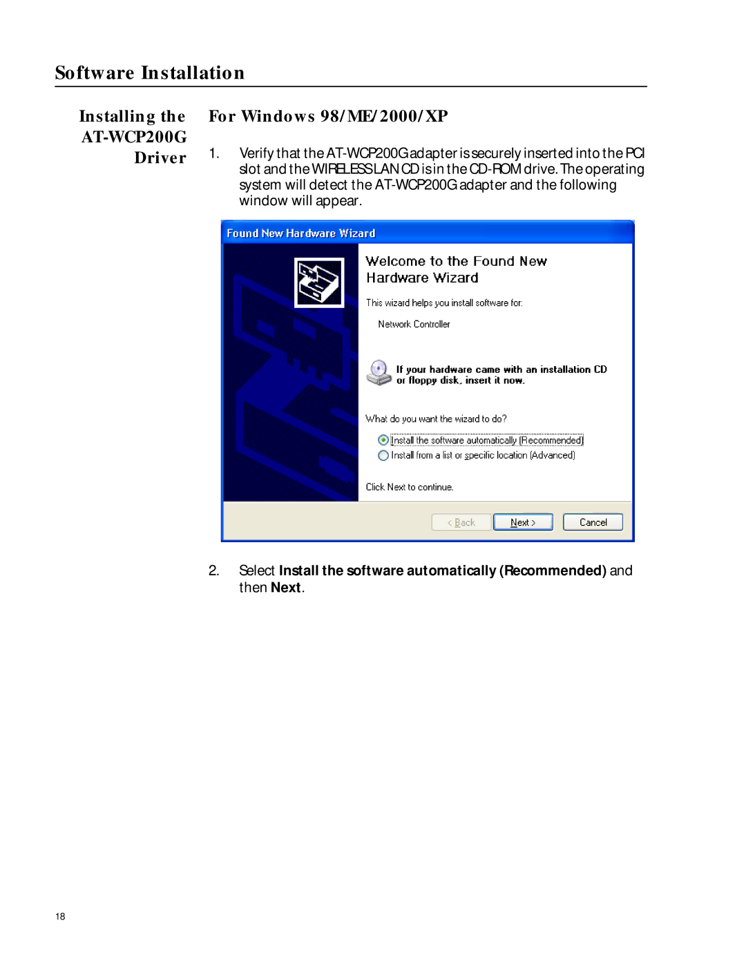 Allied Telesis AT-WCP200G manual Software Installation, Installing, Driver For Windows 98/ME/2000/XP 