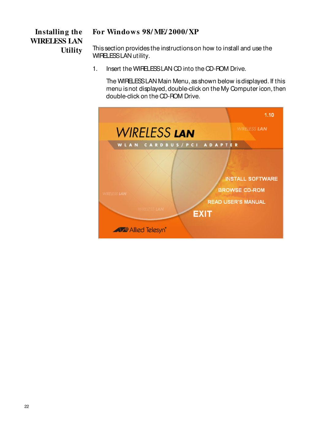 Allied Telesis AT-WCP200G manual Wireless LAN, Utility For Windows 98/ME/2000/XP 