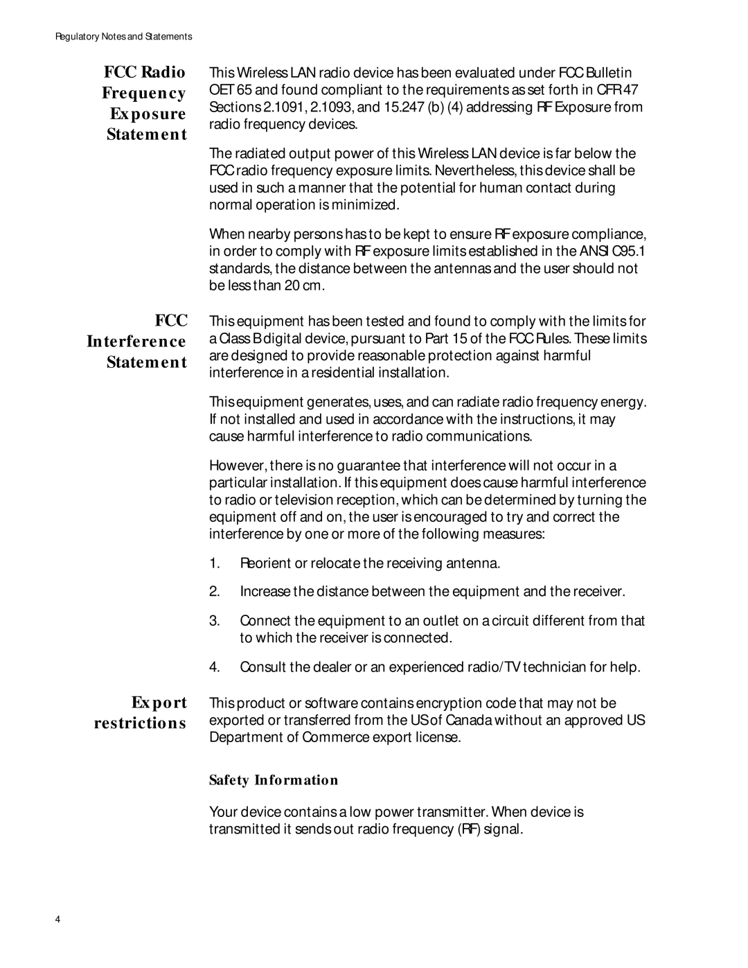 Allied Telesis AT-WCP200G manual FCC Radio Frequency Exposure Statement, Interference Statement Export restrictions 