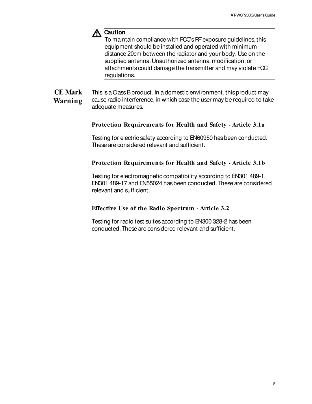 Allied Telesis AT-WCP200G manual CE Mark Warning, Protection Requirements for Health and Safety Article 3.1a 