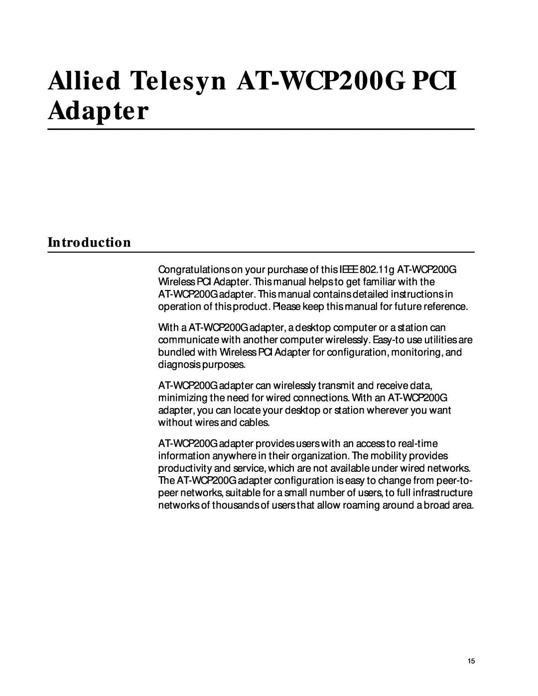 Allied Telesis manual Allied Telesyn AT-WCP200G PCI Adapter, Introduction 