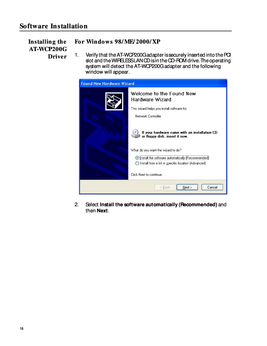 Allied Telesis manual Software Installation, Installing the AT-WCP200G Driver, For Windows 98/ME/2000/XP 