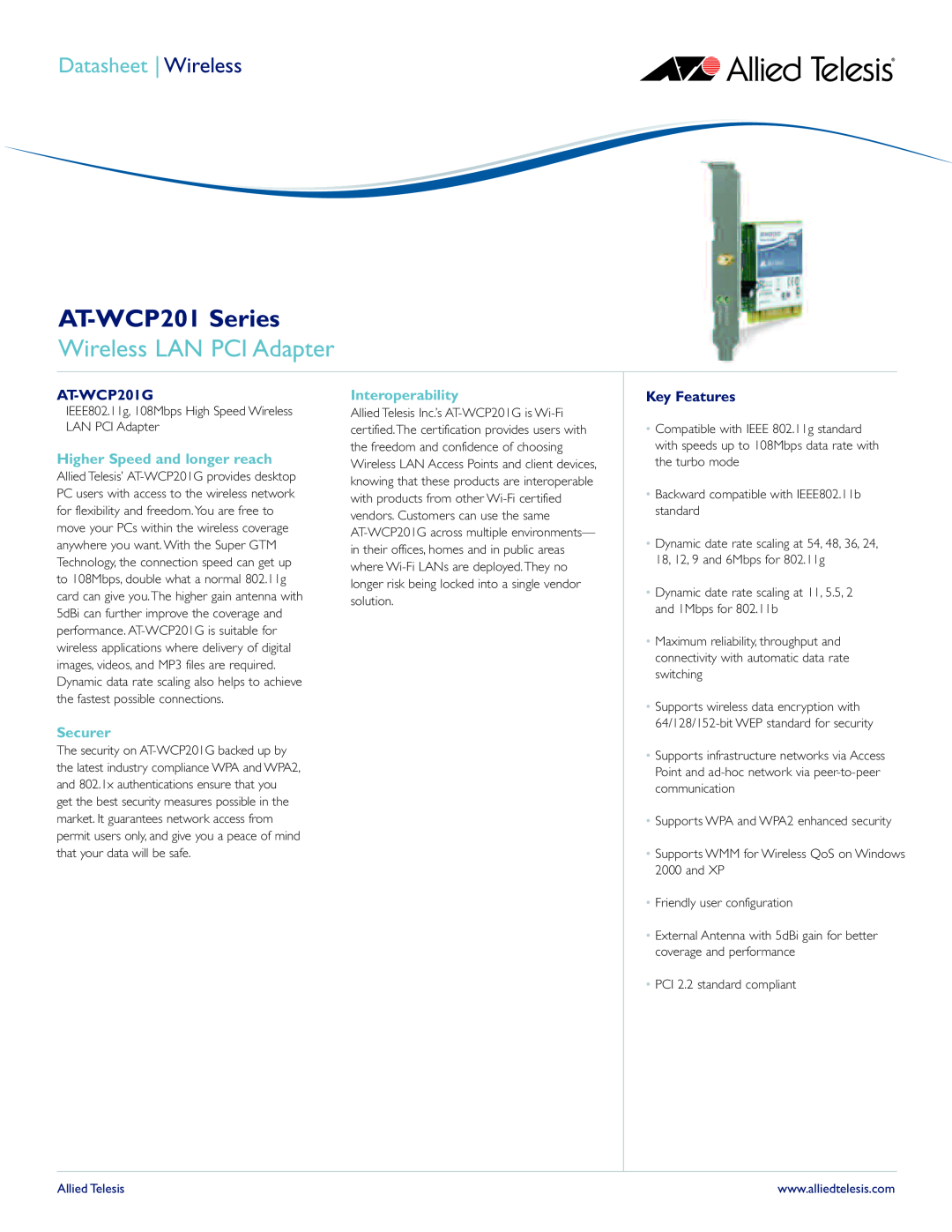 Allied Telesis AT-WCP201G-001 manual Wireless LAN PCI Adapter, Key Features, AT-WCP201 Series, Datasheet Wireless 