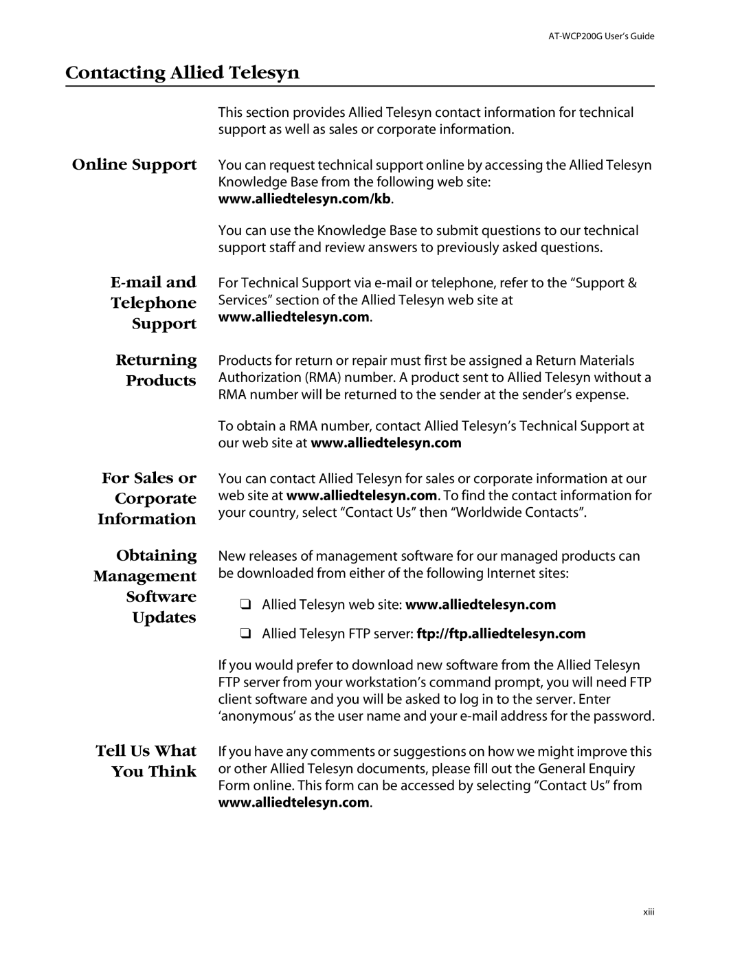 Allied Telesis AT-WCU200G manual Contacting Allied Telesyn 