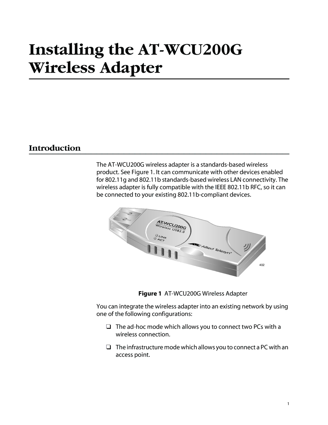 Allied Telesis manual Installing the AT-WCU200G Wireless Adapter, Introduction 