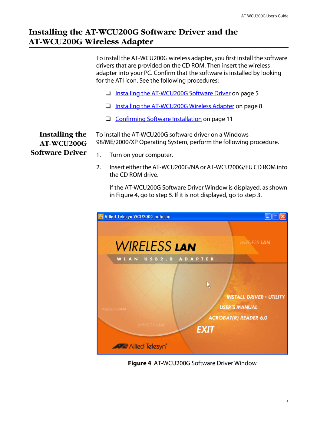 Allied Telesis AT-WCU200G manual Installing, Software Driver 