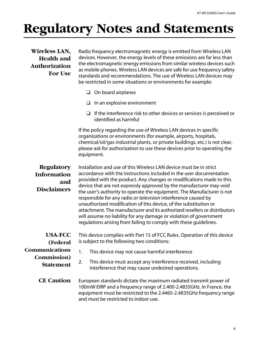 Allied Telesis AT-WCU200G manual Wireless LAN Health Authorization For Use, Regulatory Information Disclaimers 