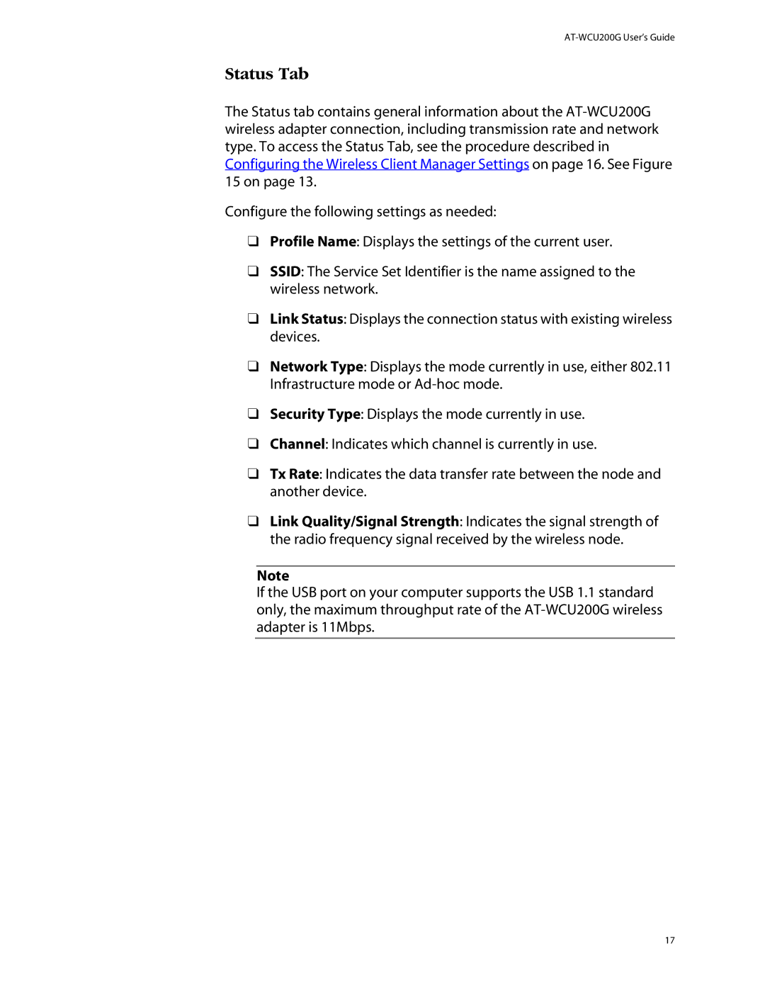 Allied Telesis AT-WCU200G manual Status Tab 