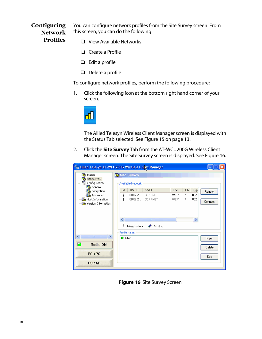 Allied Telesis AT-WCU200G manual Configuring Network Profiles, Site Survey Screen 