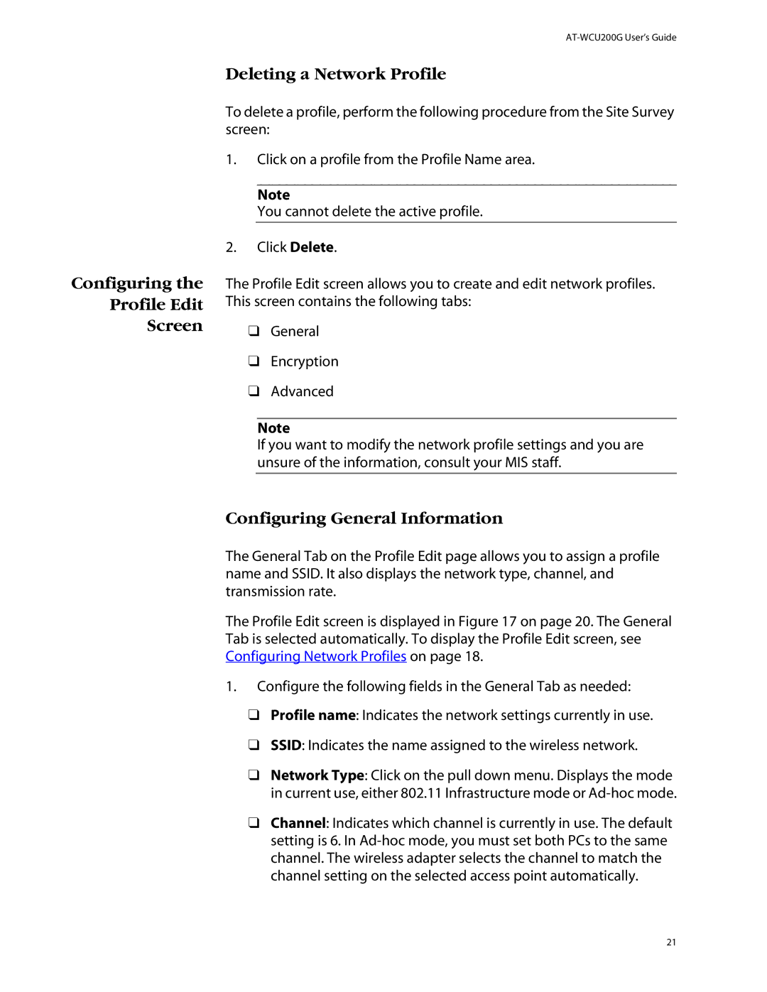 Allied Telesis AT-WCU200G Configuring Profile Edit Screen, Deleting a Network Profile, Configuring General Information 