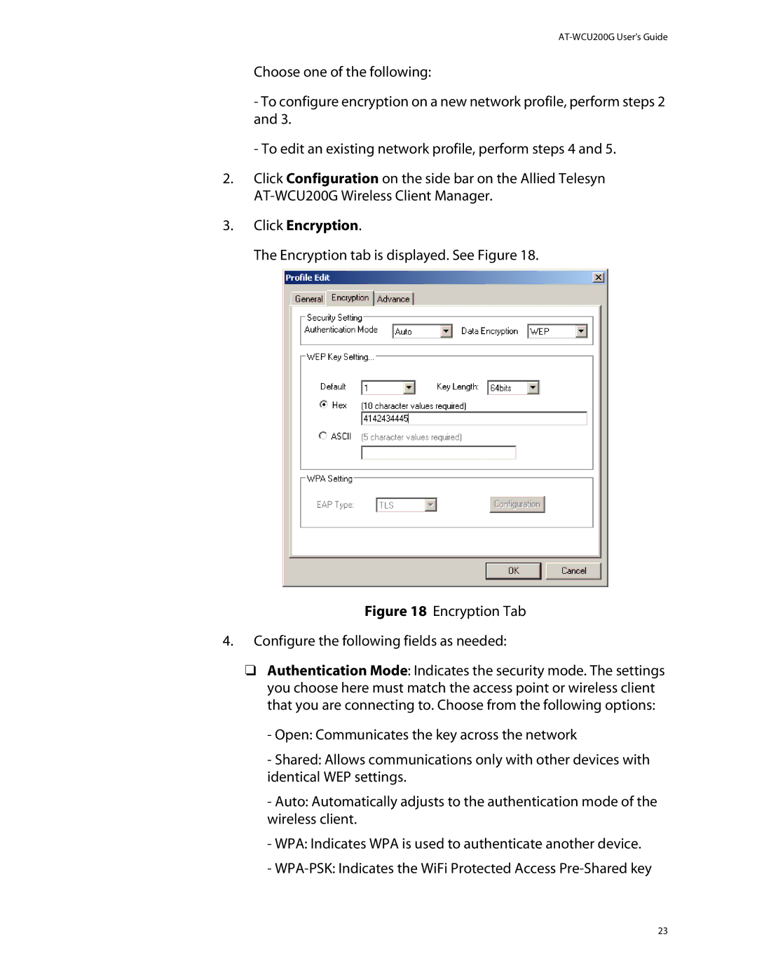 Allied Telesis AT-WCU200G manual Click Encryption, Encryption tab is displayed. See Figure 