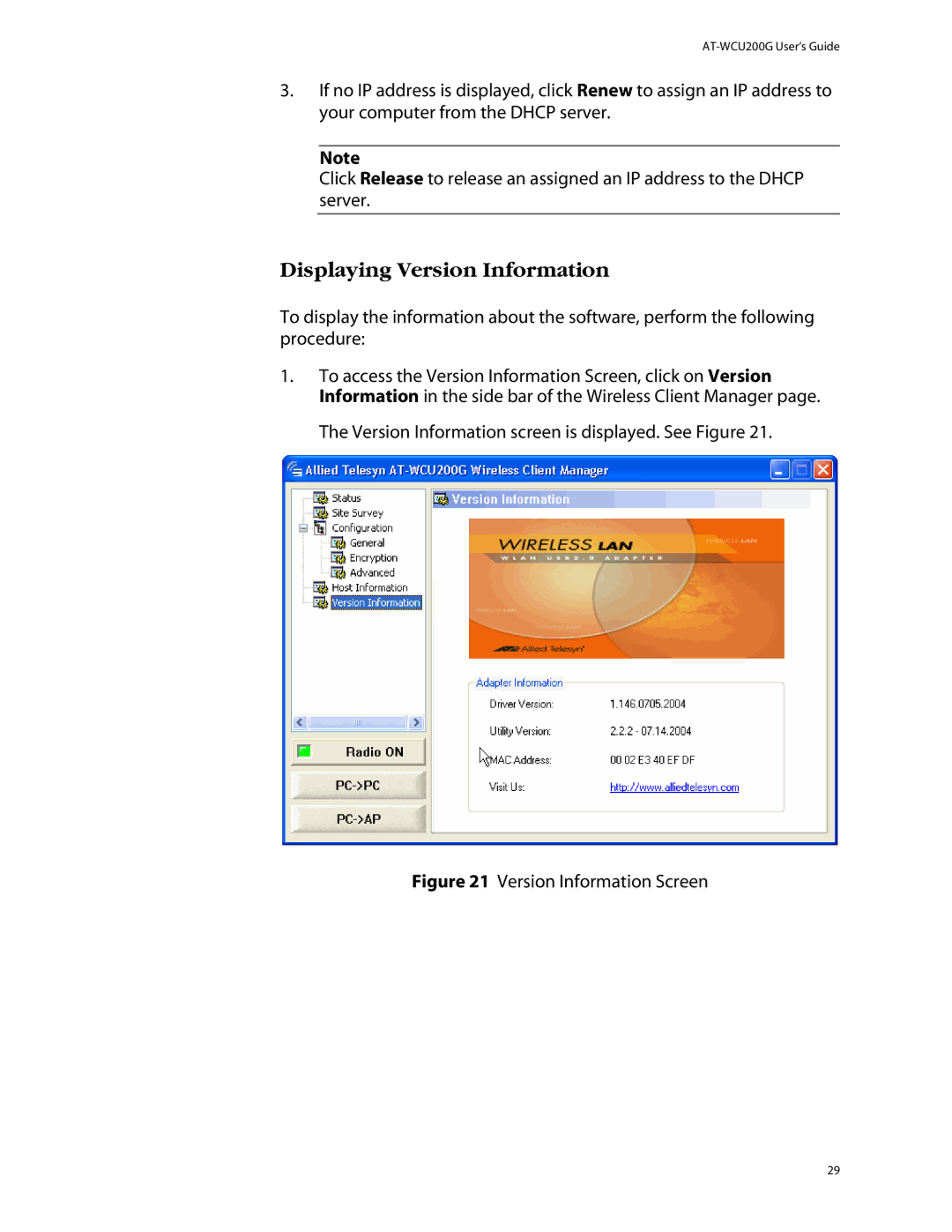 Allied Telesis AT-WCU200G manual Displaying Version Information, Version Information Screen 