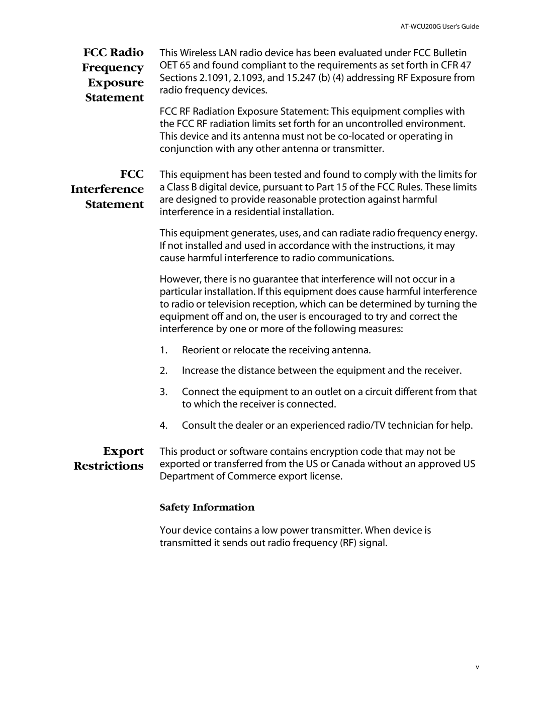 Allied Telesis AT-WCU200G manual FCC Radio Frequency Exposure Statement, Interference Statement Export Restrictions 